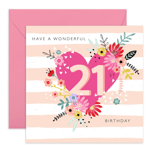 Floral Birthday Card For Women Age 21 - 21st Floral Heart - Twenty-first Birthday Greeting Cards - Happy 21st Birthday Cards Daughter - Gifts For Sister Niece - Comes With Fun Stickers By Central 23