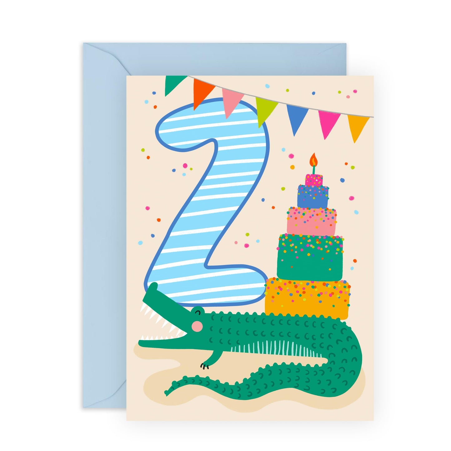 Happy Second Birthday Card Boy Girl - Bday Cake And Crocodile - 2nd Birthday Cards For Kids Baby Toddlers - Gifts For Godson Granddaughter Niece Age Two - Comes With Cute Stickers By Central 23