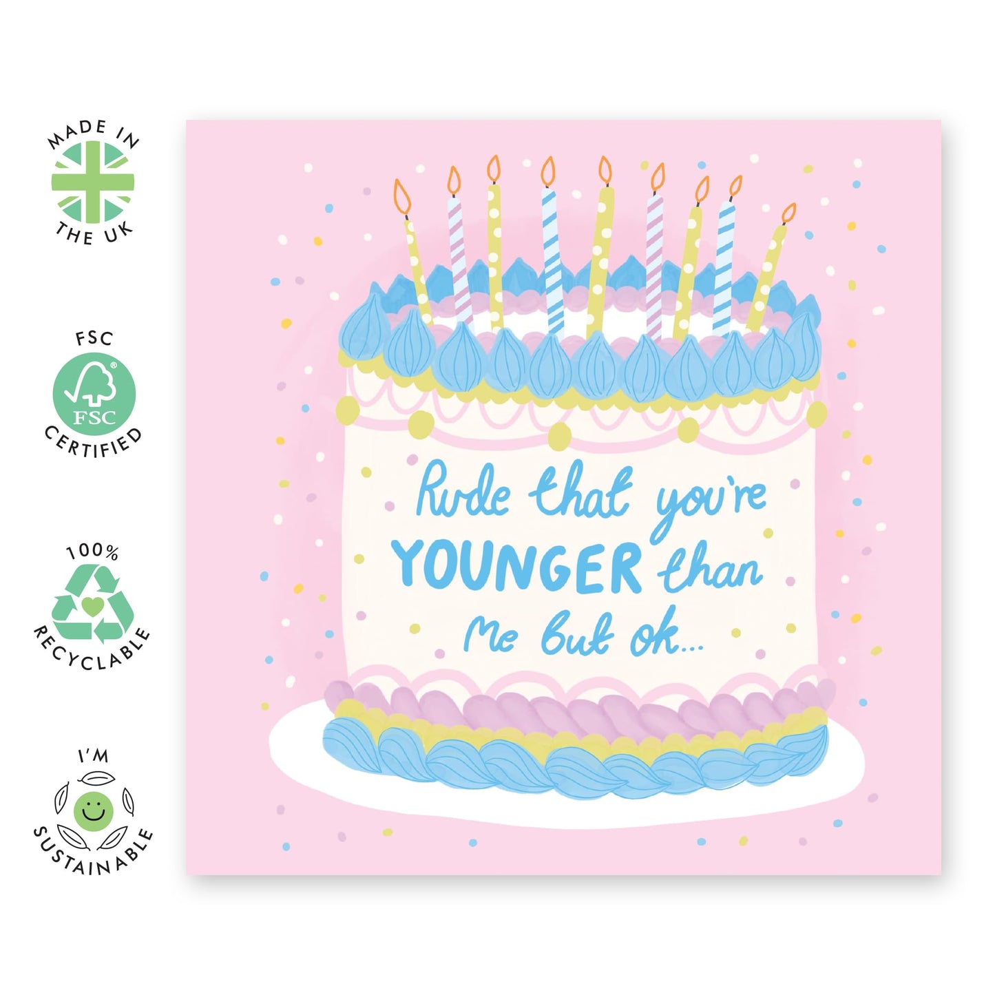 Funny Birthday Card For Friend - Rude That You're Younger Than Me - Pastel Cake - Funny Birthday Cards For Sister Best Friends Cousin - Gifts For Her Women - Comes With Fun Stickers By Central 23