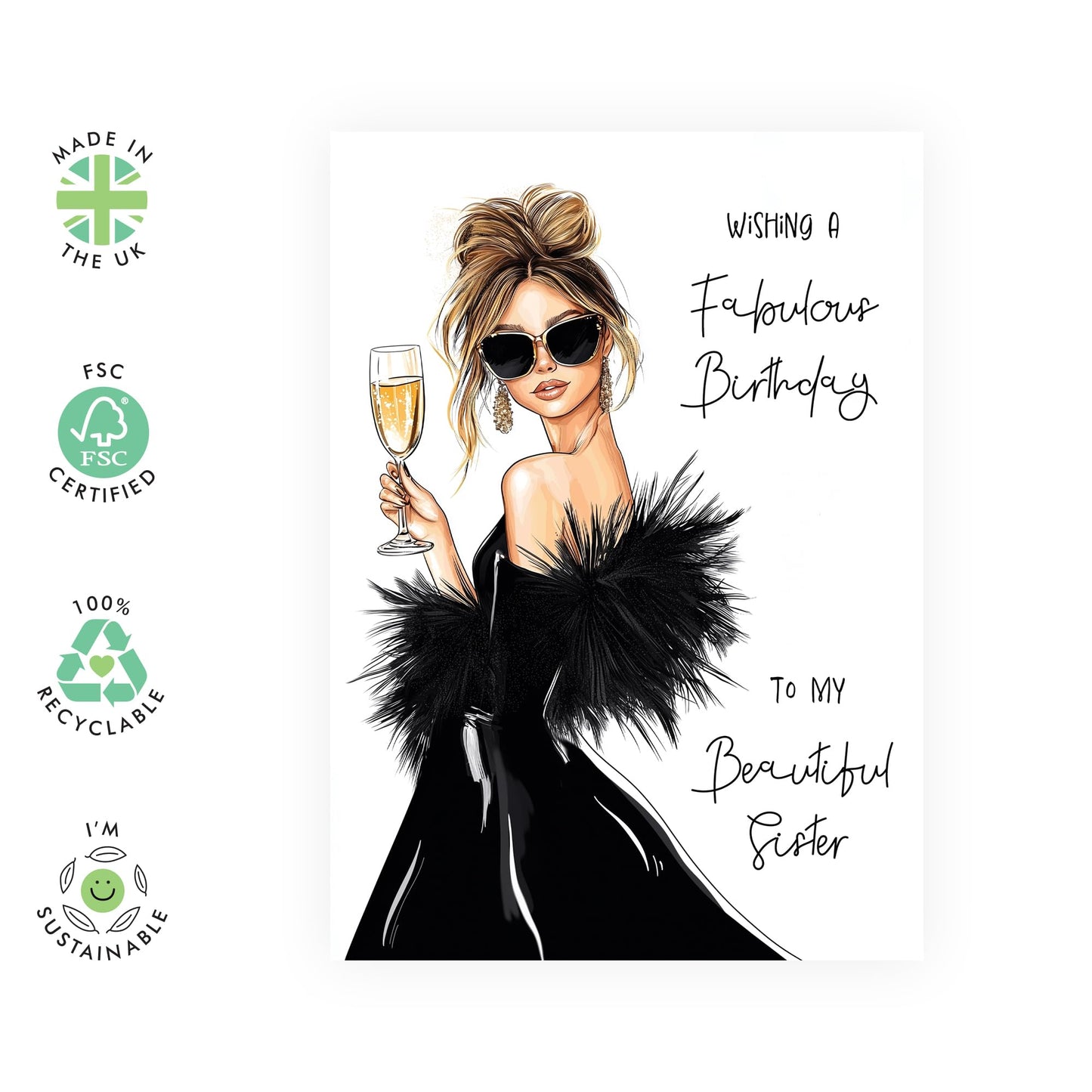 Fabulous Birthday Card - "Sister" - Presents for Sis, Her, Sibling, Ladies, Women, Girls, Family - Fab and Beautiful - Comes with Fun Stickers