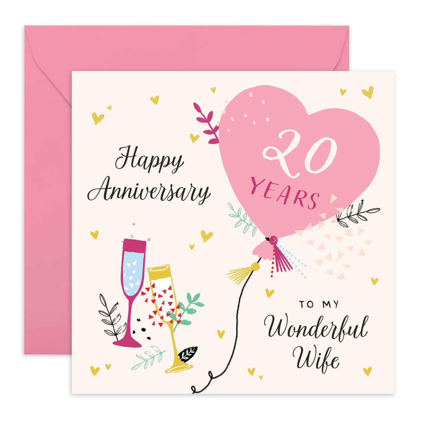 20th Anniversary Card for Wife – Gifts for Her, Spouse, Partner, Mrs, Hun, Lovebug, Darling, Sweetheart, Women – Twenty Years Down , Pink Heart Balloon - Comes with Stickers