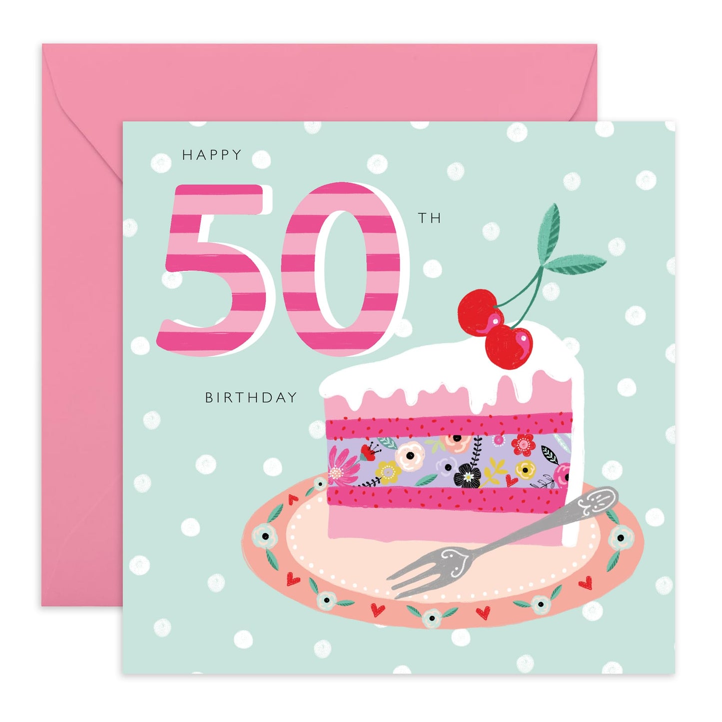 50th Birthday Card For Her - 50th Cherry Cake - Fiftieth Floral Birthday Card - Wife Mum - Gift For Women - Mummy Birthday Greeting Card Sister Female Friend - Comes With Fun Stickers By Central 23
