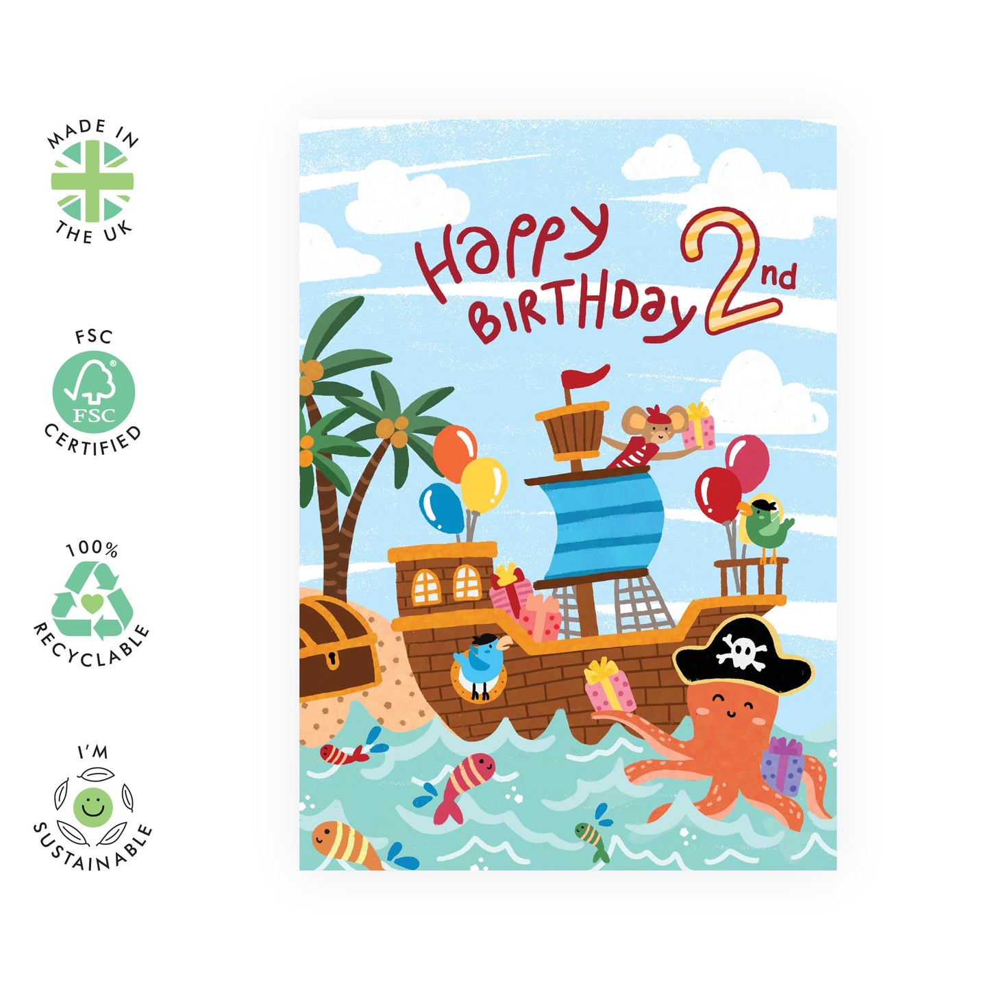 Boys Birthday Card Age Two - Happy 2nd Birthday Card Boy - Animal Pirates Ship Treasure - 2 Year Old - Gifts For Kids Son Grandson - Comes With Stickers - By Central 23