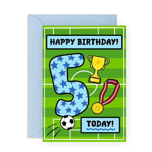 5th Birthday Card for Boys – Football Themed – Fun Gifts for Son, Nephew, Grandson, Him, Children, Cousin, Football Fan Boys - Fifth Bday Party - Trophy and Medal - Comes with Stickers