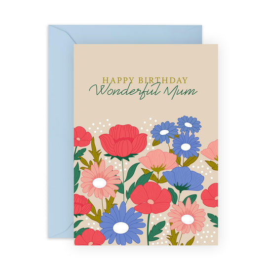 Sweet Birthday Card Message - 'Happy Birthday Mum Flowers' - Gifts for Mother, Mam, Mammy, Ma - Colourful Floral - Comes with Fun Stickers