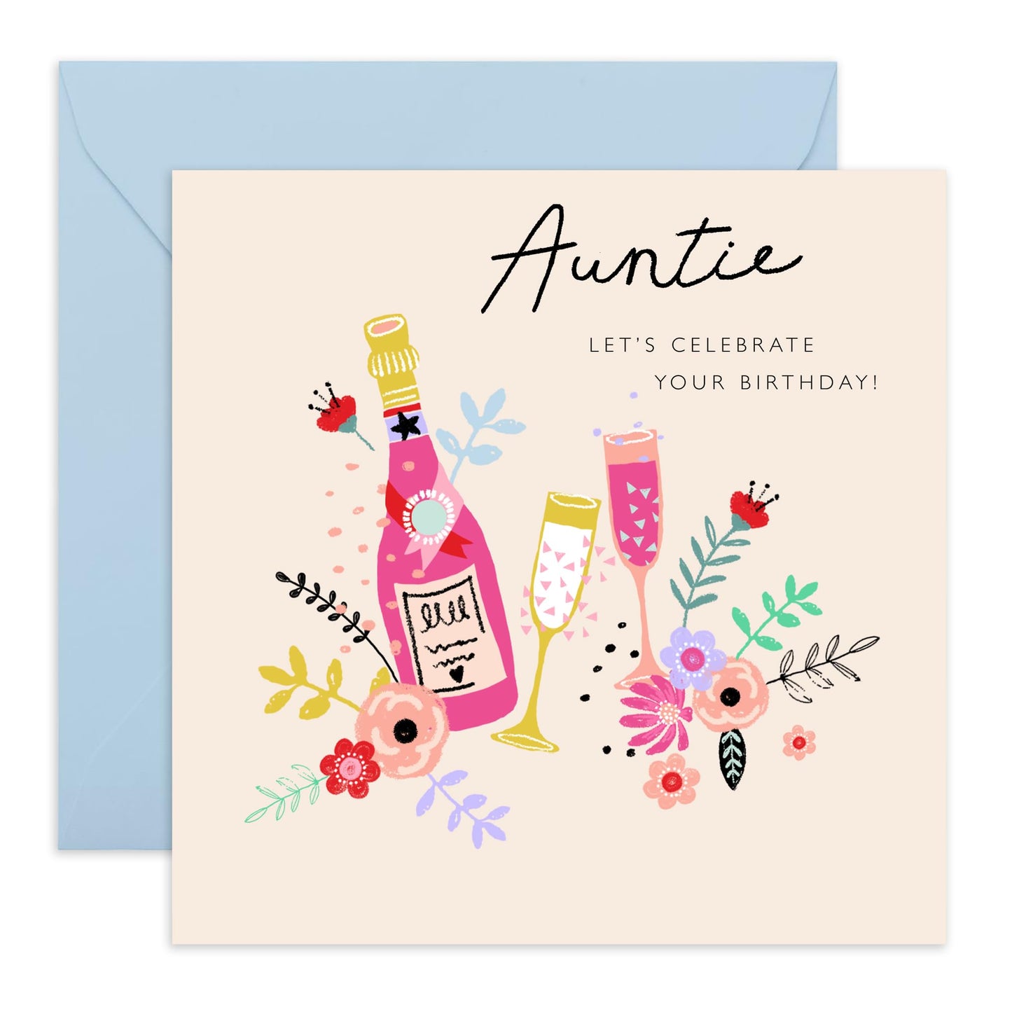 Auntie Birthday Card - Champagne Celebrate Flowers - Elegant Celebration Card For Aunt - Happy Birthday Card For Her Women Tia Aunty - Comes With Stickers By Central 23