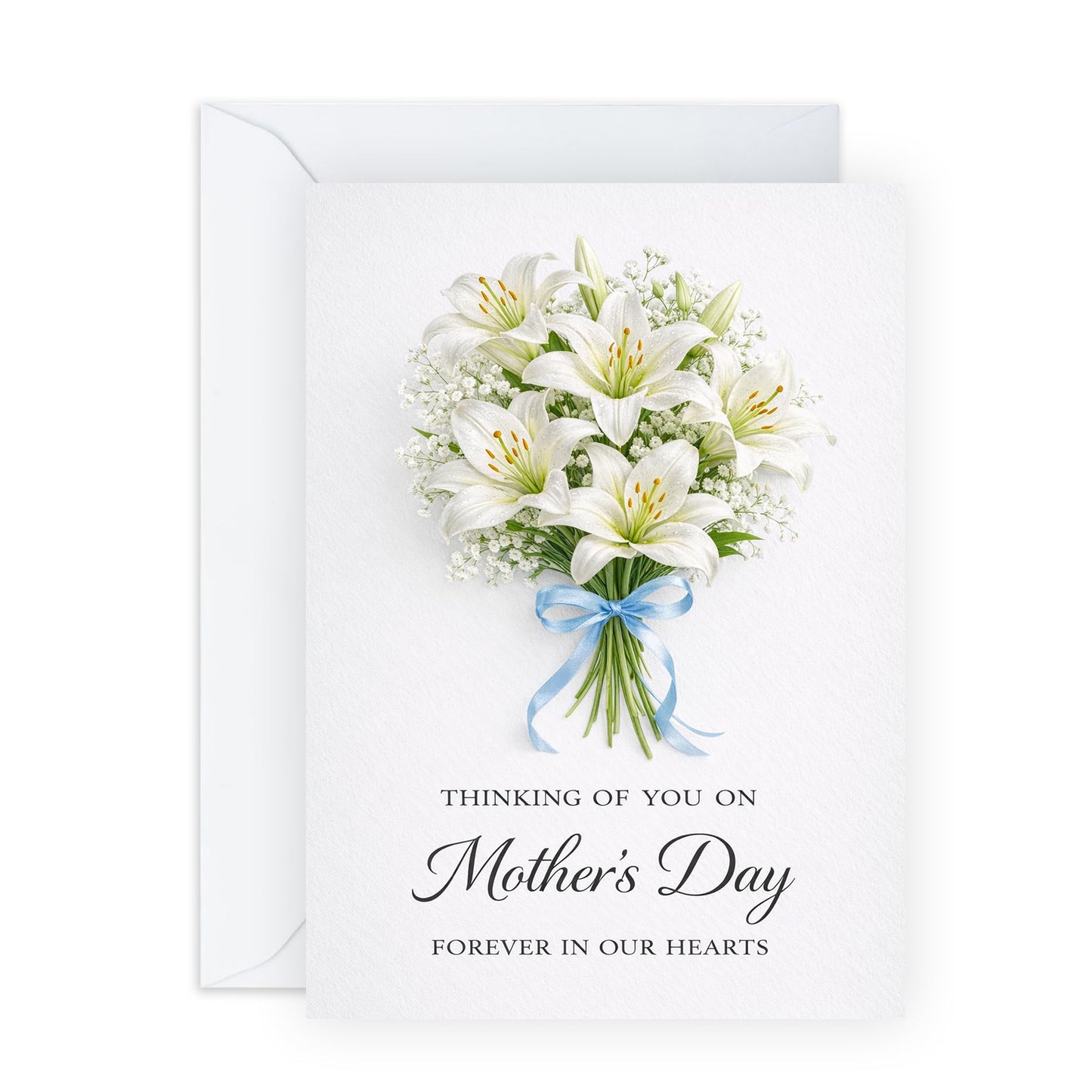 Mother’s Day Card – Thinking Of You Memorial for Mum Mama Ma Her, Sympathy Remembrance From Daughter Son Family – White Lily Bouquet Keepsake Greeting -Comes with Stickers