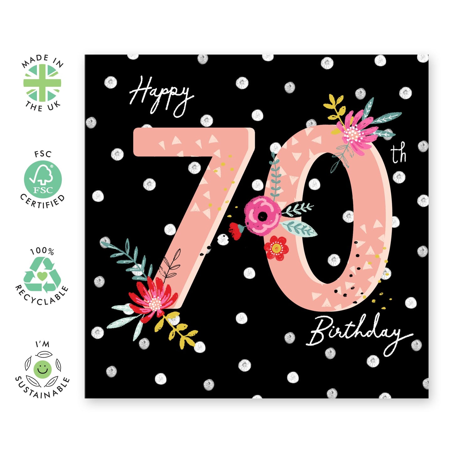 Flower Cards For Her - 70th Birthday Card For Women - White Polka Dots - Pretty Floral Birthday Cards For Mum Nana Wife - 70 Year Old - Comes With Stickers - By Central 23