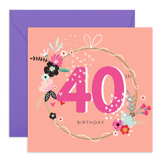 40th Birthday Card For Wife - 40th Birthday Wreath - Floral Birthday Card Mum Mummy - Bday Card For Aunt - Happy Fortieth Birthday Greeting Card Female Friends - Comes With Stickers By Central 23