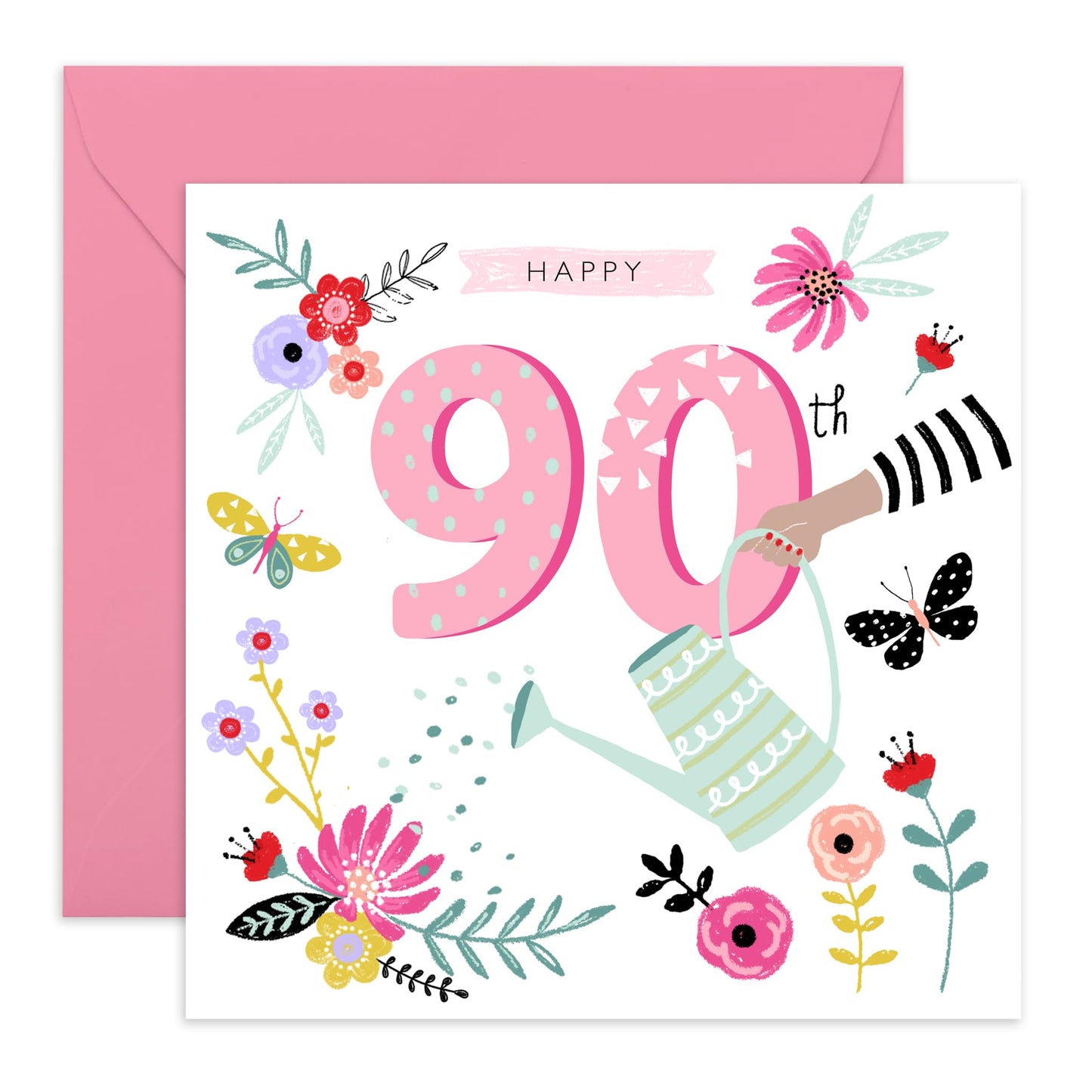 90th Birthday Card For Her - Pretty Flowers Butterflies - Pink Nan Birthday Card Age Ninety - Elegant Floral Milestone Cards - Gifts For Women - Comes With Cute Stickers By Central 23
