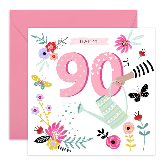 90th Birthday Card For Her - Pretty Flowers Butterflies - Pink Nan Birthday Card Age Ninety - Elegant Floral Milestone Cards - Gifts For Women - Comes With Cute Stickers By Central 23