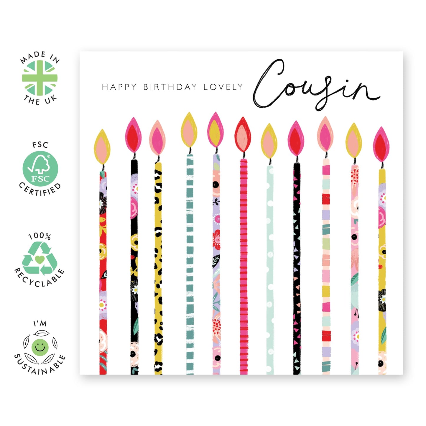 Happy Birthday Card For Cousin - Bday Candles Trendy Patterns - Happy Birthday Greeting Cards And Envelopes For Her Ladies Female - Gifts For Women - Comes With Fun Stickers - By Central 23