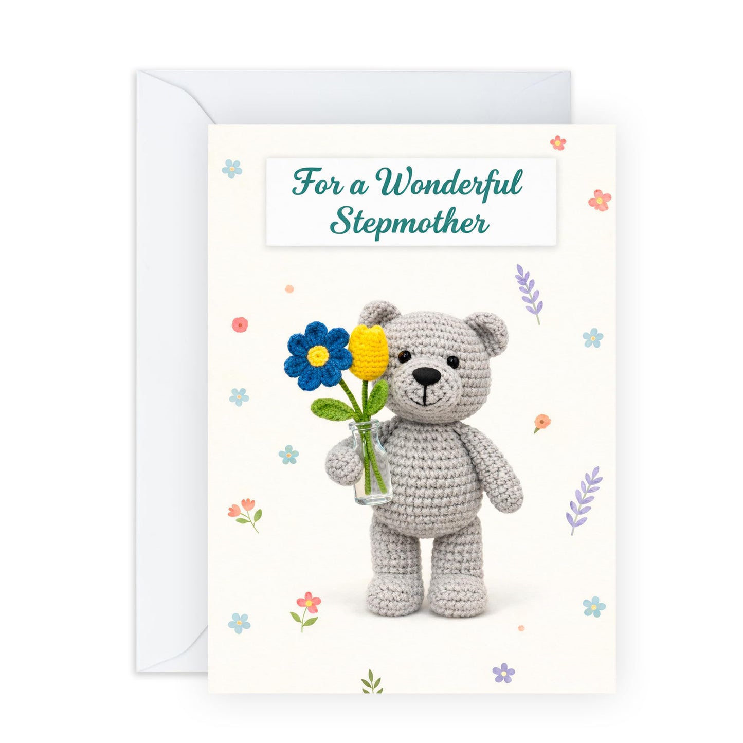 Cute Mother’s Day Card – Stepmother Cute Crochet Teddy With Flowers - Greetings for Stepmum Mum Mama Her Ladies Women From Son Daughter Family – Comes with Adorable Stickers