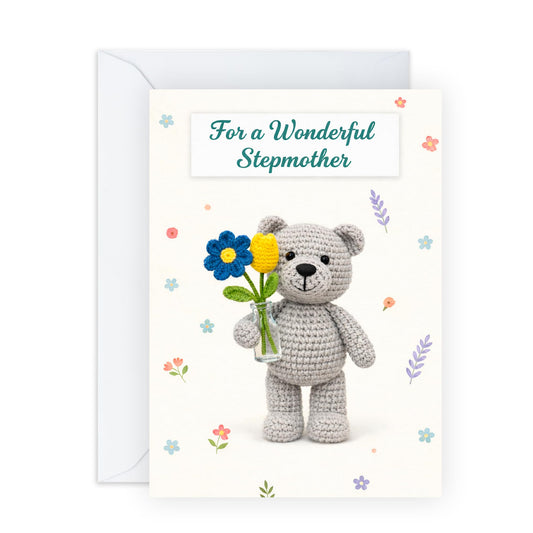 Cute Mother’s Day Card – Stepmother Cute Crochet Teddy With Flowers - Greetings for Stepmum Mum Mama Her Ladies Women From Son Daughter Family – Comes with Adorable Stickers
