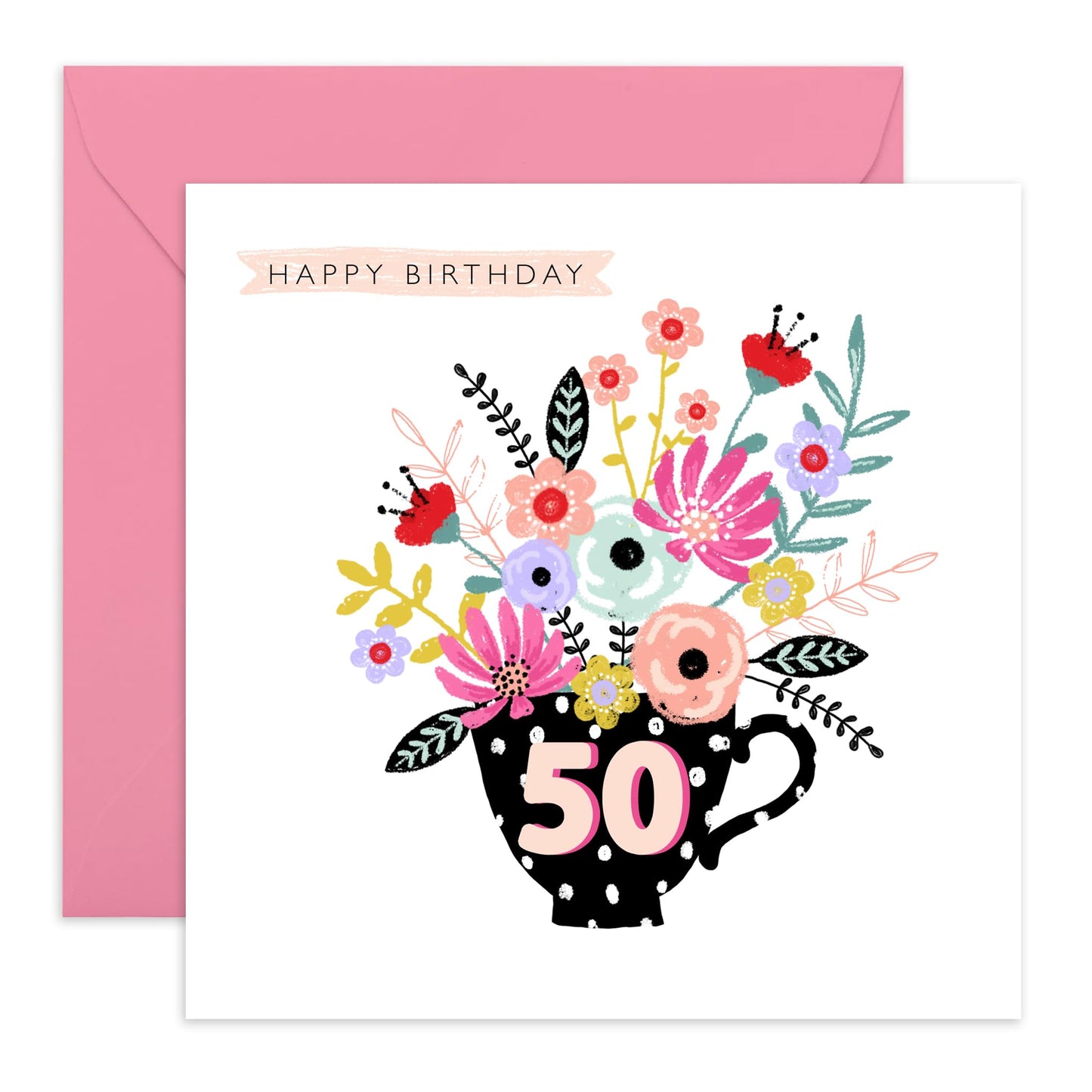 50th Floral Birthday Card For Her - 50th Teacup Floral - Mummy Birthday Card - Wife Mum - Happy Fiftieth Birthday Greeting Card Female Friends - Gift For Women - Comes With Fun Stickers By Central 23