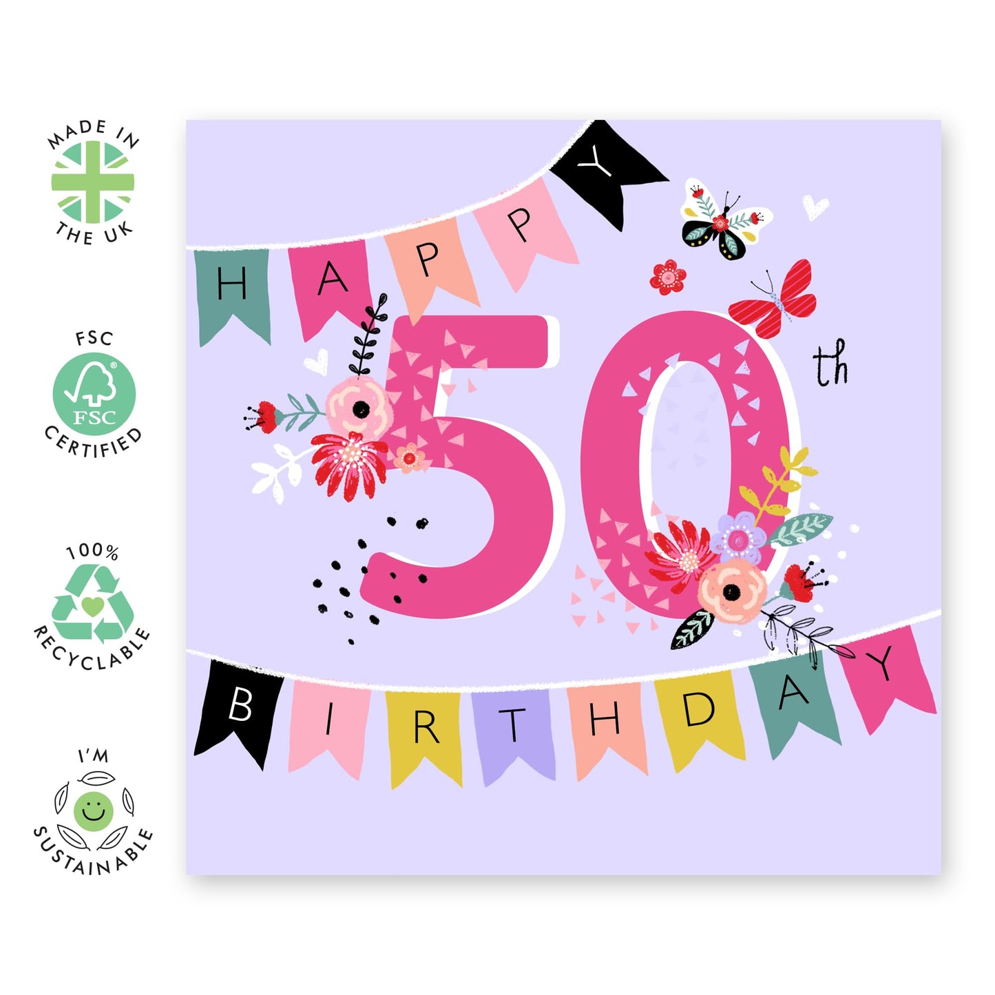 50th Birthday Card For Mummy - Birthday 50th Banner - Floral Birthday Card - Happy Fiftieth Birthday Greeting Card Wife Mum - Gifts For Aunt - Female Friends - Comes With Fun Stickers By Central 23