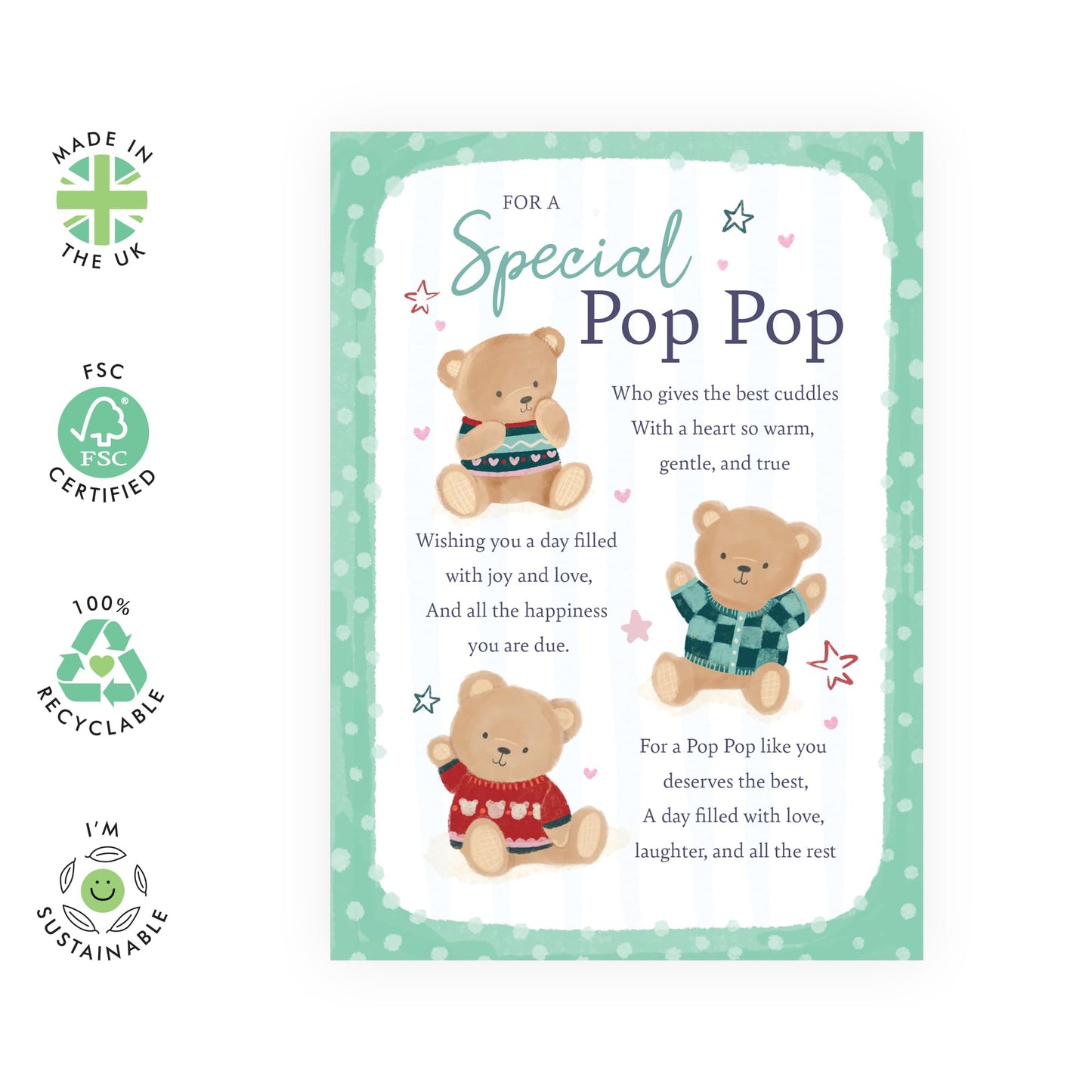 Grandfather's Sweet Greeting Card - 'Teddy Poppop' - Gifts for Grandad, Grandpa, Poppy, Gramps, Grampa - Cuddles For You - Comes with Fun Stickers