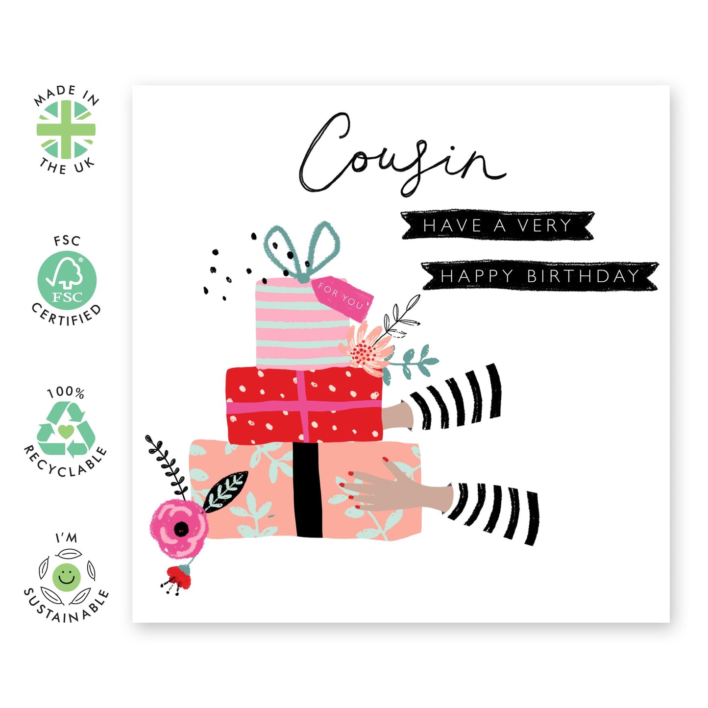 Birthday Cards For Cousin - Pretty Floral Gifts And Presents - Sweet Happy Birthday Greeting Cards For Ladies Girls Female - Gift For Her - Comes With Fun Stickers - By Central 23