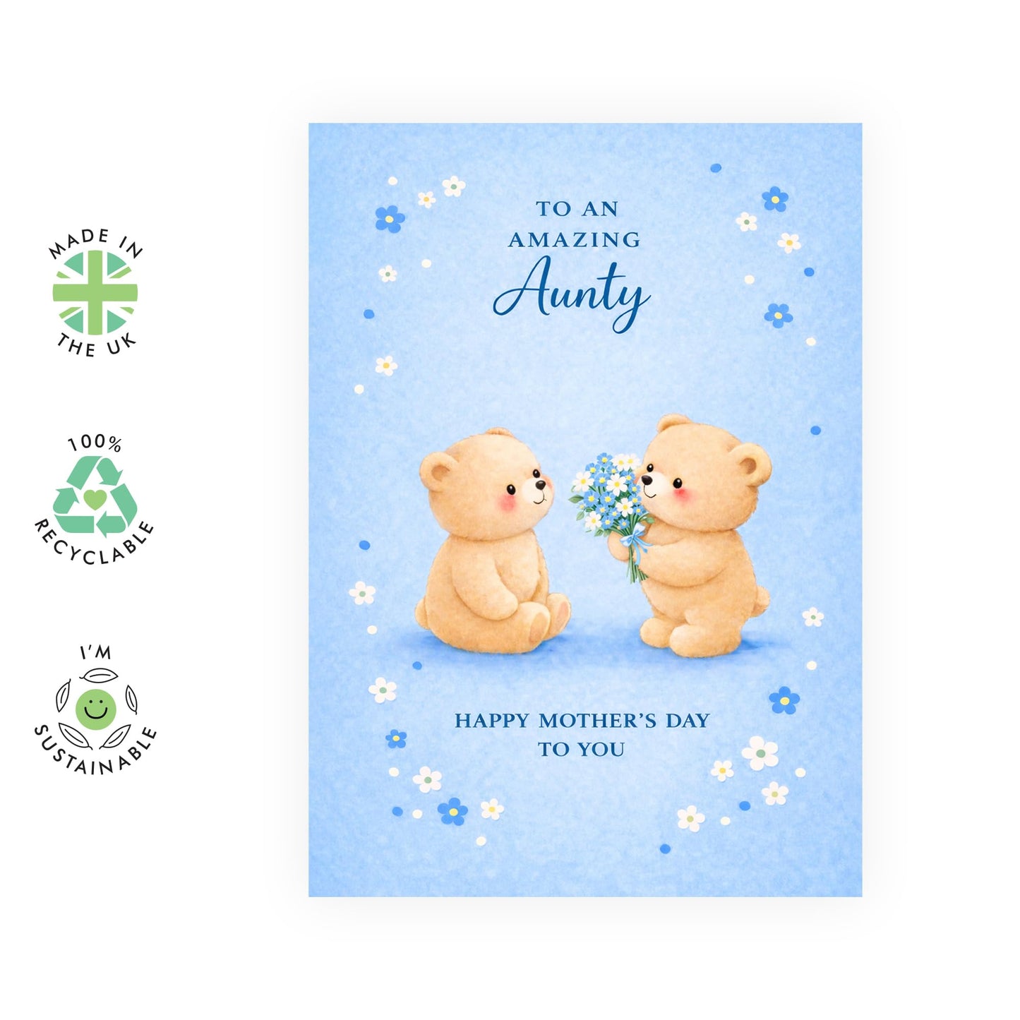 Aunty Mother’s Day Card – Cute Floral Blue Teddy Bears - Greetings for Her Ladies Women Family from Nephew Boys Family - Sweet Illustrated Auntie Cards - Comes with Sweet Stickers
