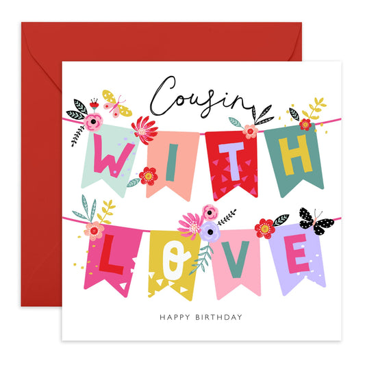 Happy Birthday Card For Cousins - With Love - Cousin Birthday Card For Her - Elegant Greeting Cards For Girls Ladies Female - Gift For Women - Comes With Fun Stickers - By Central 23
