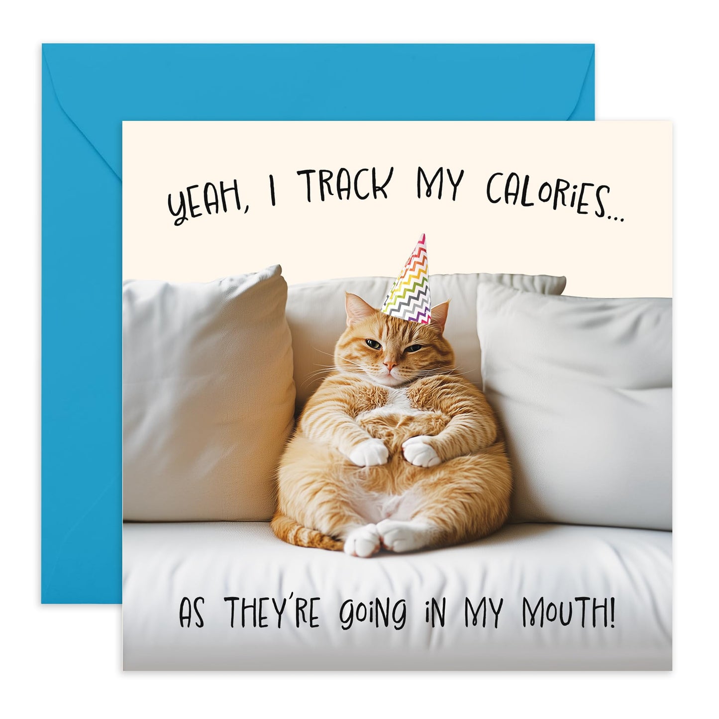 Birthday Card Health Conscious Cat - 'Fat Cat Track My Calories' - Gifts for Friends, Him, Her, Women, Men, Dad, Brother, Boyfriend, Colleagues - Fatty - Comes with Fun Stickers