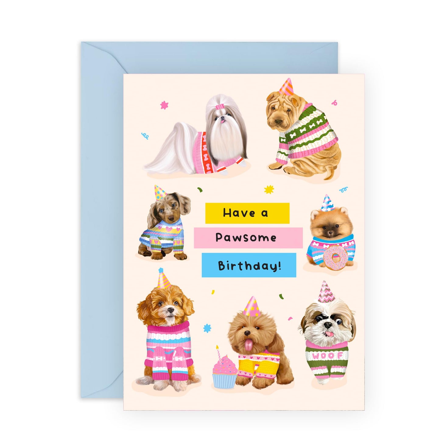 Adorable Dogs Birthday Card - 'Pawesome Birthday' - Gifts for Fur Mum & Dads,Bestie, BFF, Colleagues, Co-worker, Animal, Pet Lover - Bday Hats - Comes with Fun Stickers