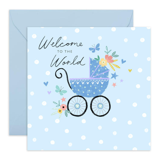 New Baby Boy Card - Blue Pram - Baby Shower Congratulations Card For New Parents - Welcome Home Card For Newborn Baby Son Grandson Nephew Brother - Comes With Stickers - By Central 23