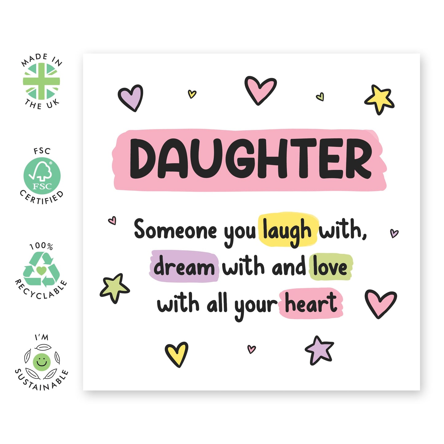 Loving Birthday Card - 'Daughter, Laughm Dream, Love' - Gifts for Girls, Children, Kids, From Mum and Dad - Sweet and Caring Message - Comes with Fun Stickers