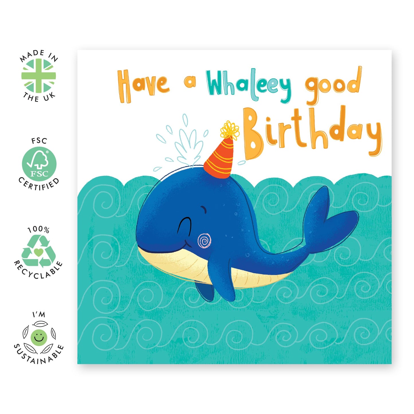 Cute Whale Birthday Card - 'Whaleey Good Birthday' - Birthday Cards for Kids, Toddlers, Parents, Boys, Girls & Baby - Adorable Pets - Comes with Fun Stickers