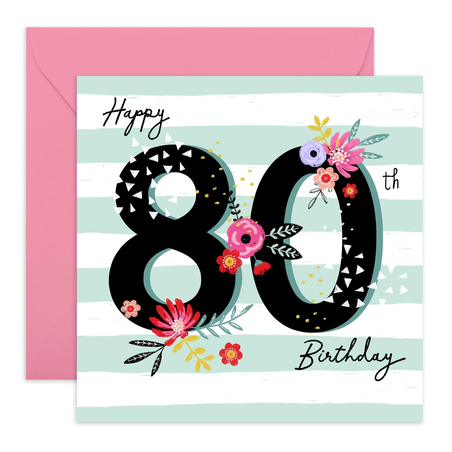 80th Birthday Card Women - 80th Birthday Floral Striped Background - Grandmother Birthday Greeting Card - Birthday Card - Happy Eightieth Birthday Card Grandma - Comes With Fun Stickers By Central 23