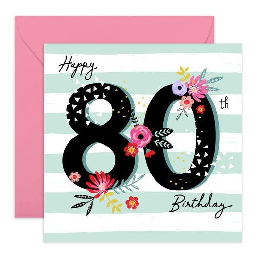 80th Birthday Card Women - 80th Birthday Floral Striped Background - Grandmother Birthday Greeting Card - Birthday Card - Happy Eightieth Birthday Card Grandma - Comes With Fun Stickers By Central 23