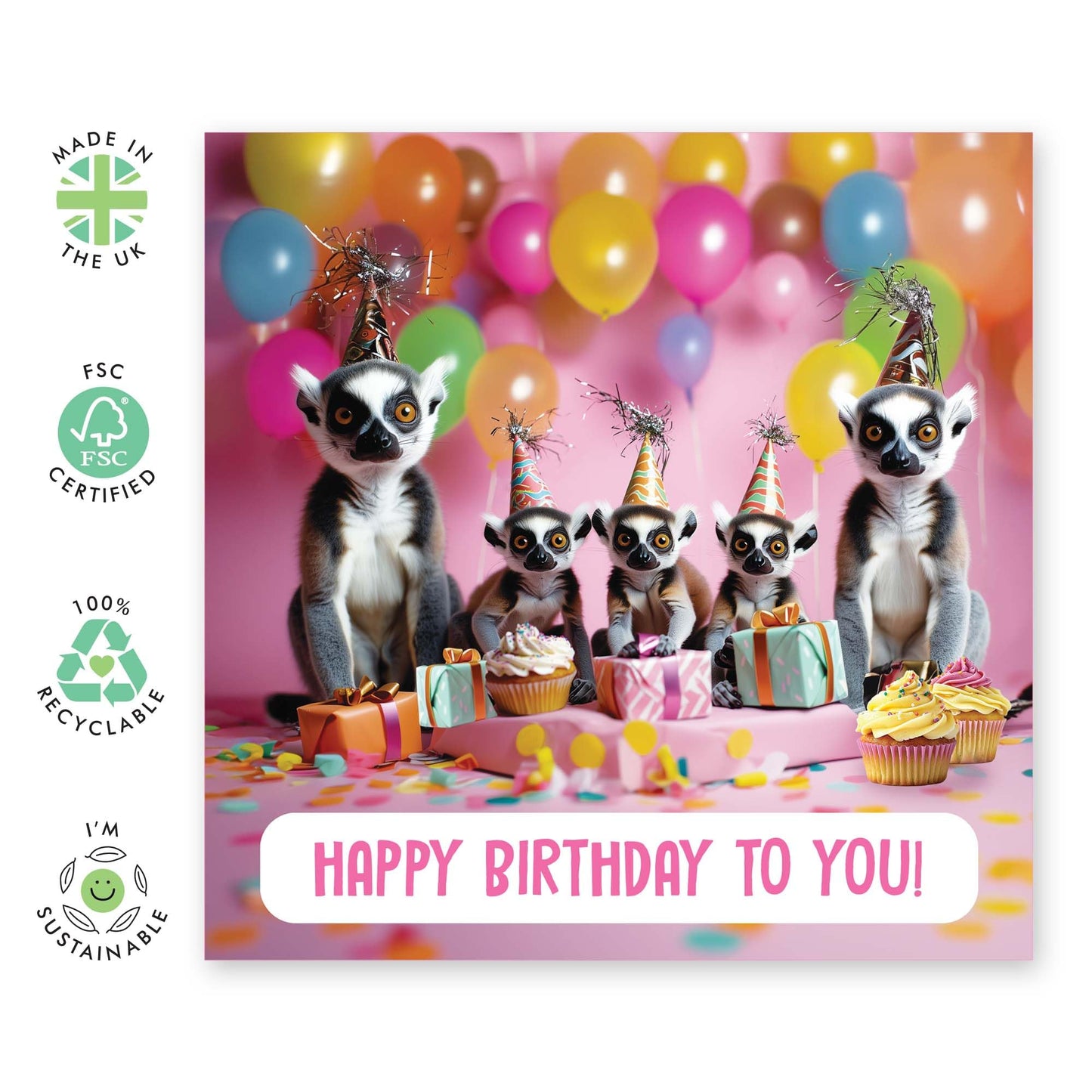 Happy Birthday Cards For Her - Birthday Lemurs - Cute Birthday Card For Mum Sister Auntie Nan - Funny Greeting Cards For Women - Comes With Stickers And Envelope - By Central 23