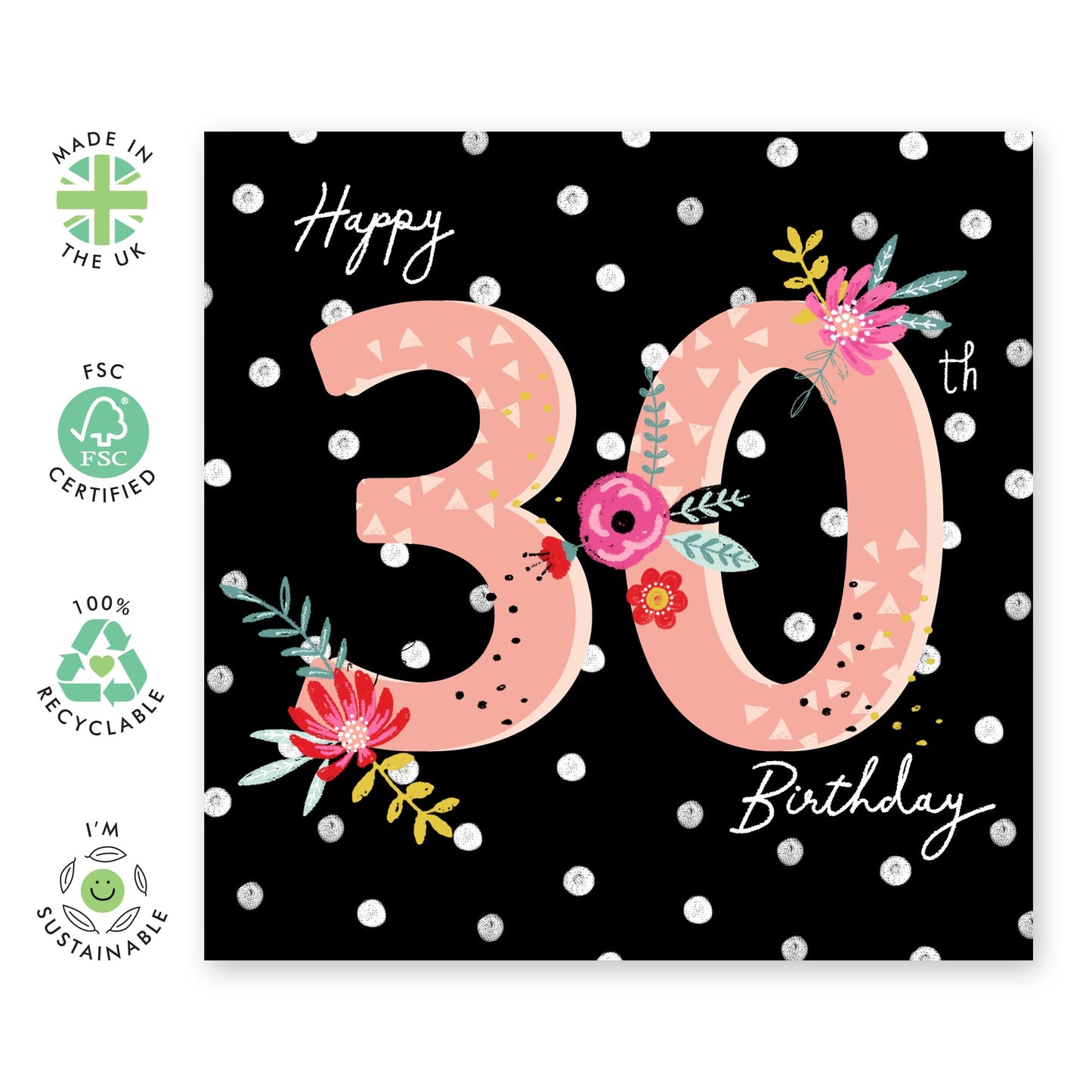 30th Birthday Card For Women - Happy 30th Birthday Black Floral - Wife Mum Mummy - Sister - Floral Bday Card - Happy Thirtieth Birthday Greeting Card Female Friend - Comes With Stickers By Central 23