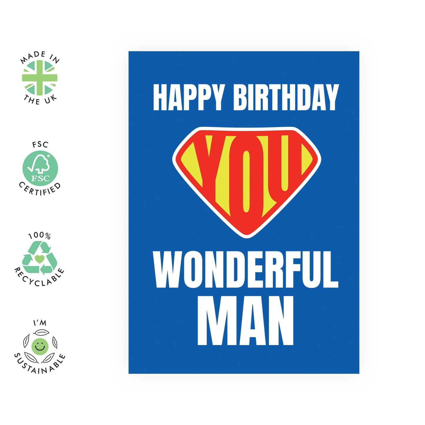 Superman Birthday Card for Him - 'You Wonderful Man' - Gifts for Men, Husband, Father, Dad, Daddy, Brother, Boyfriend, Son - My Hero - Comes with Fun Stickers