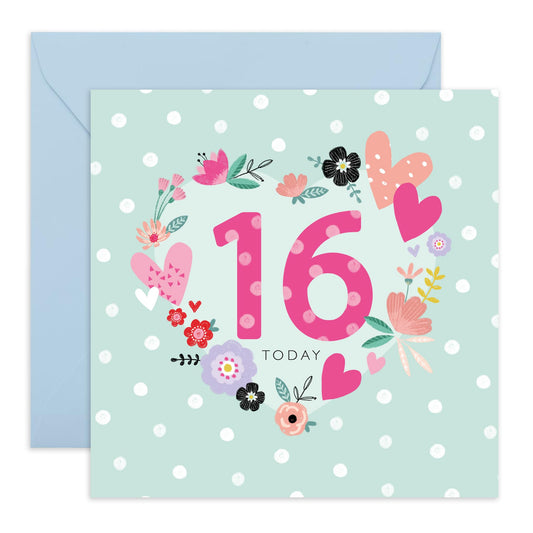16th Birthday Cards For Kid - Spotty 16th Birthday Heart - Happy Birthday Card For Daughter Granddaughter Niece - Floral Card - Girl Birthday Card Sixteen Year Old - Comes With Stickers By Central 23