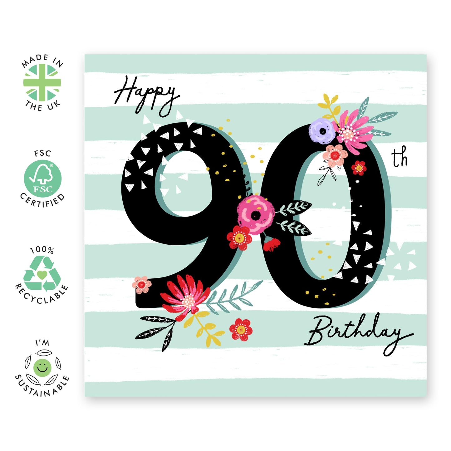 90th Birthday Card For Her - Flower Cards Stripes Sage Green - Nan Birthday Card Age Ninety - Elegant Floral Milestone Cards - Gifts For Women - Comes With Cute Stickers By Central 23