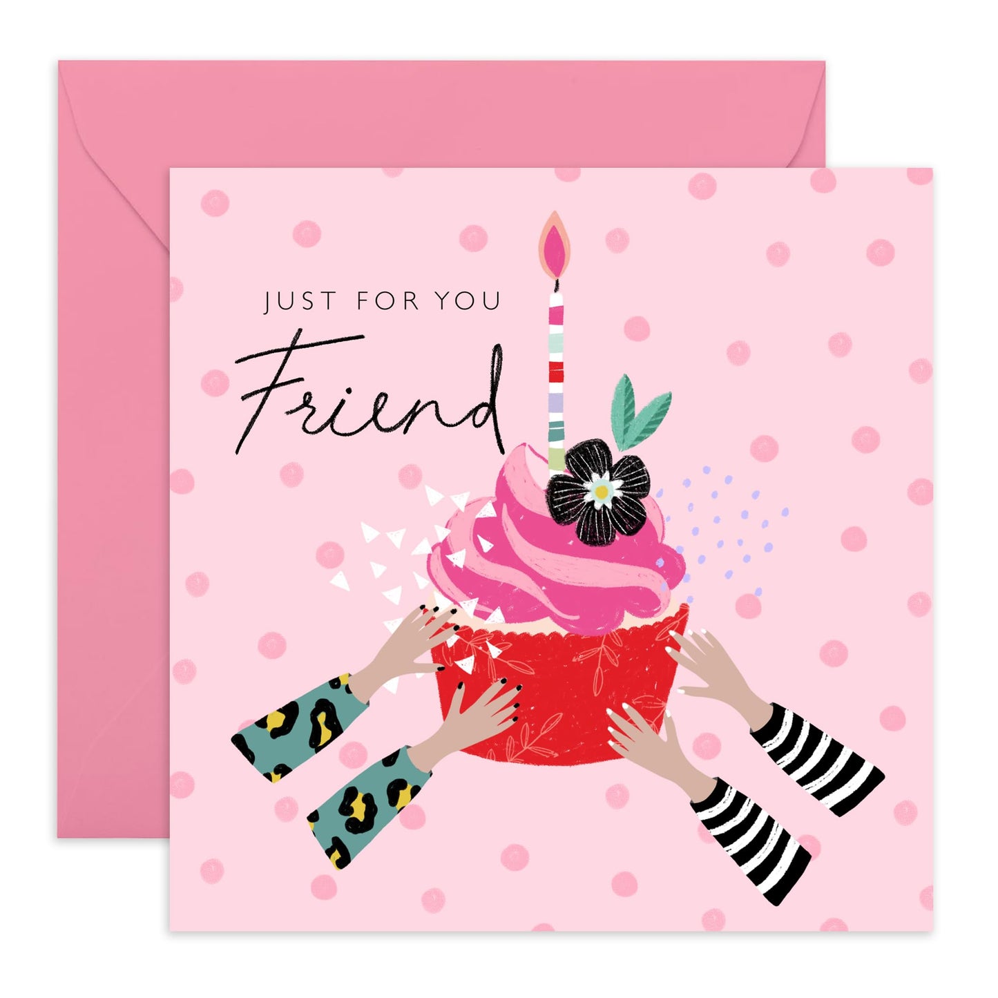 Friends Birthday Card For Her - Just For You Friend - Pink Cupcake Friend Card - Gifts For Women - Pretty Happy Birthday Greeting Cards - Comes With Cute Stickers - By Central 23