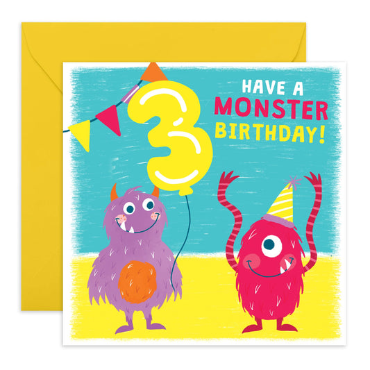 3rd Birthday Card Boy Girls - Party Monsters - Happy Birthday Card For Kids - Third Bday Milestone Gifts For Son Daughter Nephew Niece Grandson - Age Three - Comes With Stickers By Central 23