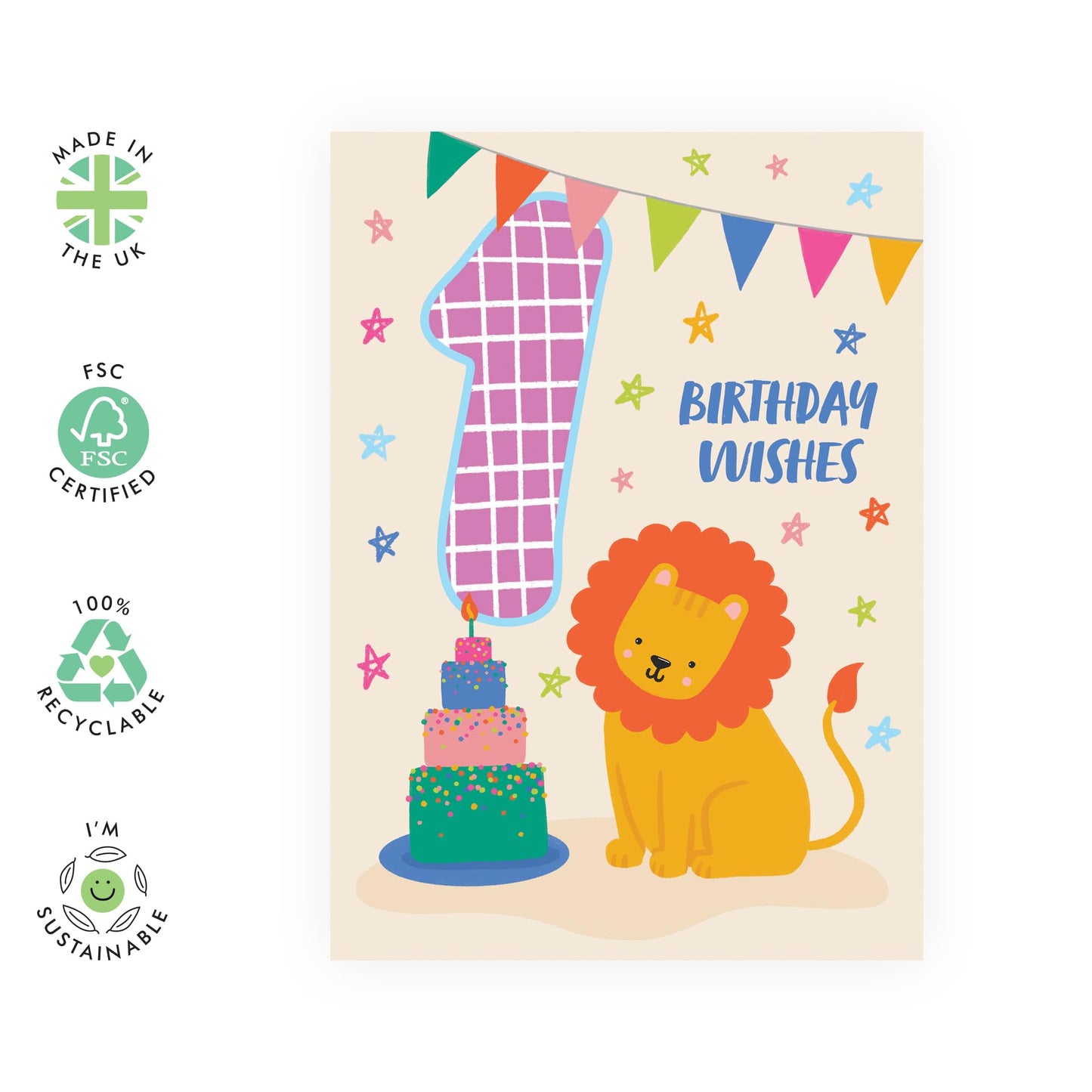 Boys Birthday Cards Age One - Bday Cake Lion - 1st Birthday Cards For Kids Girls Toddlers Baby - Gifts For Son Daughter Niece Nephew Godson - Happy First Bday Card - Comes With Stickers By Central 23