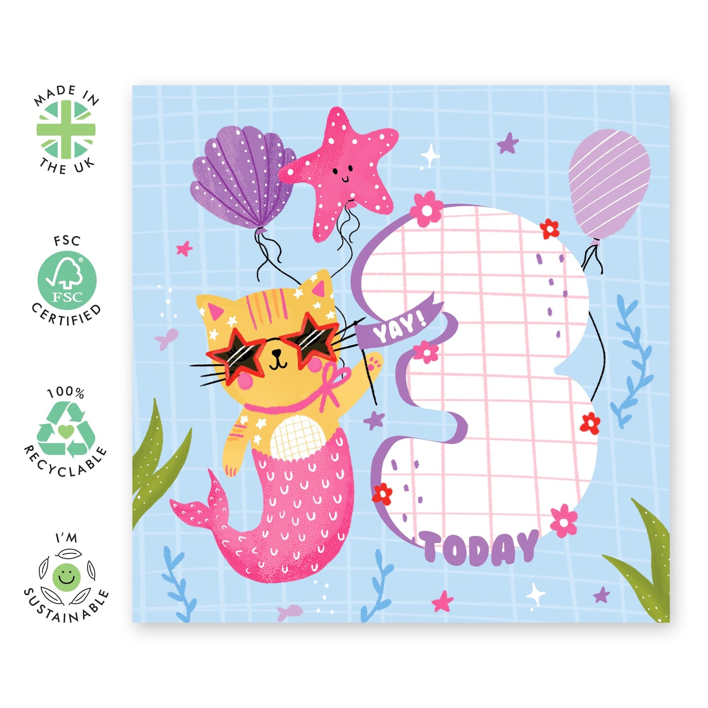 3rd Birthday Card Girl - Mermaid Cat - Happy Birthday Card For Kids Age Three - Birthday Card 3 Year Old Girl - Third Bday Gifts For Daughter Niece Granddaughter - Comes With Stickers By Central 23