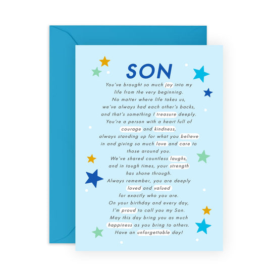 Birthday Card Sweet Message To My Son - 'Son' - Gifts for Him, Boys, Men, Kids, Children, Family From Mum, Dad - Deeply Touched - Comes with Fun Stickers