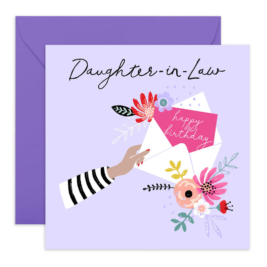 Daughter In Law Birthday Card For Her - Happy Birthday Greeting Cards For Women - Flowers And Envelope - Lilac Gifts For Daughter-in-law - Comes With Cute Stickers - By Central 23