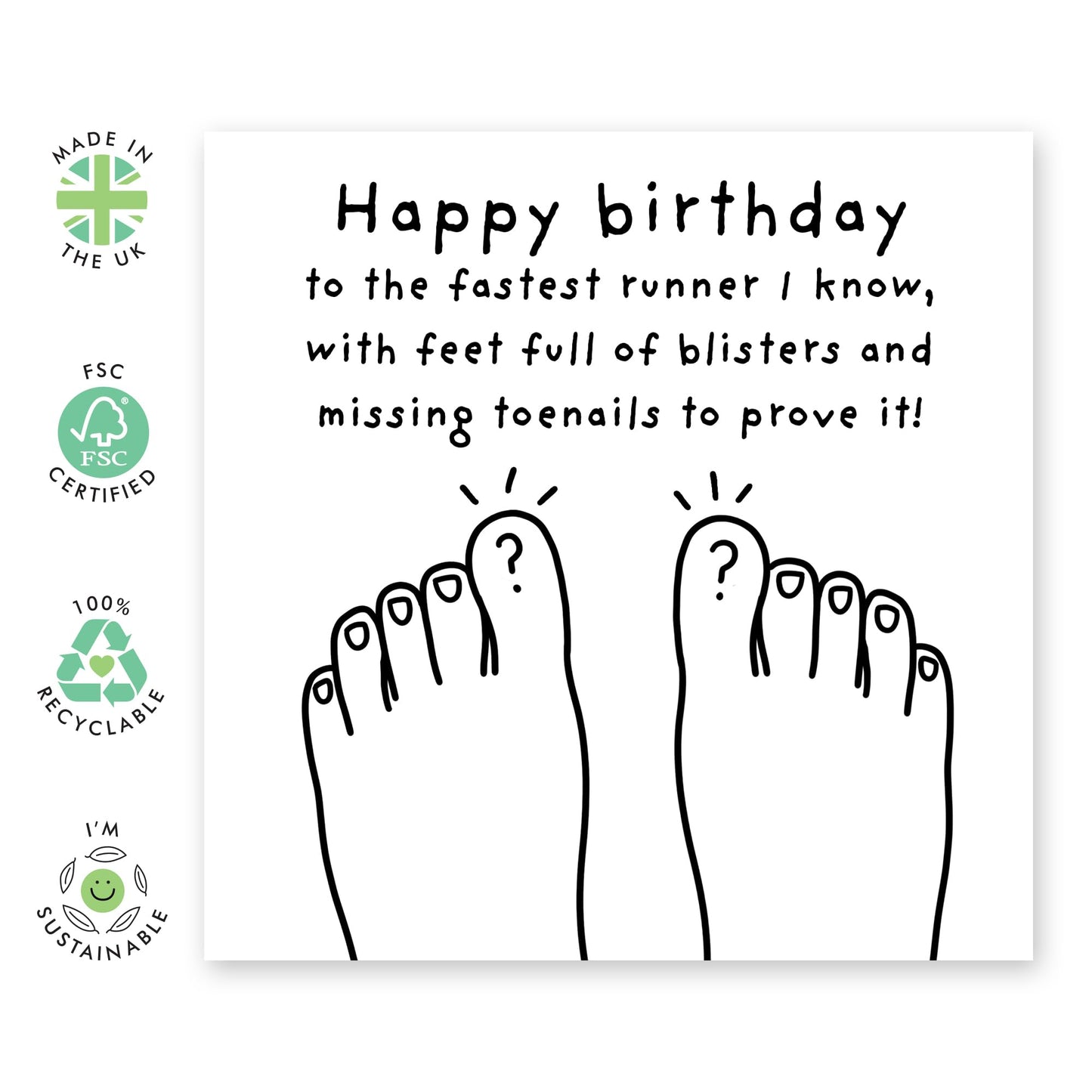 Hilarious Toes Birthday Card - 'Happy Birthday Runner' - Gifts for Co-worker, Colleagues, Best Friends, BFF, Cousin, Him, Bruv, Brother, Bro - Missing Toenails - Comes with Fun Stickers