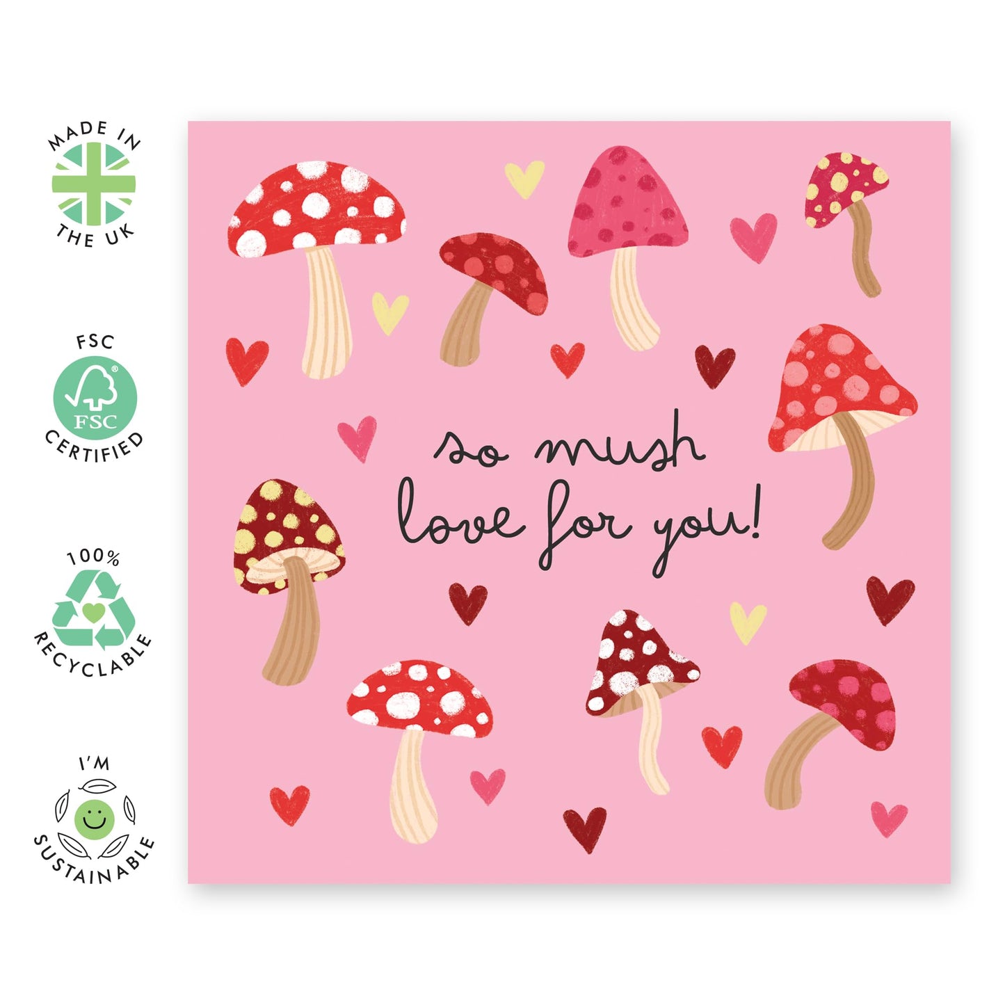 Creative Love Greeting Card - 'So Mush Love Mushrooms' - Valentines Gifts for Wife, Husband, Girlfriend, Boyfriend, Partners, Couples - Pink Mushrooms - Comes with Fun Stickers