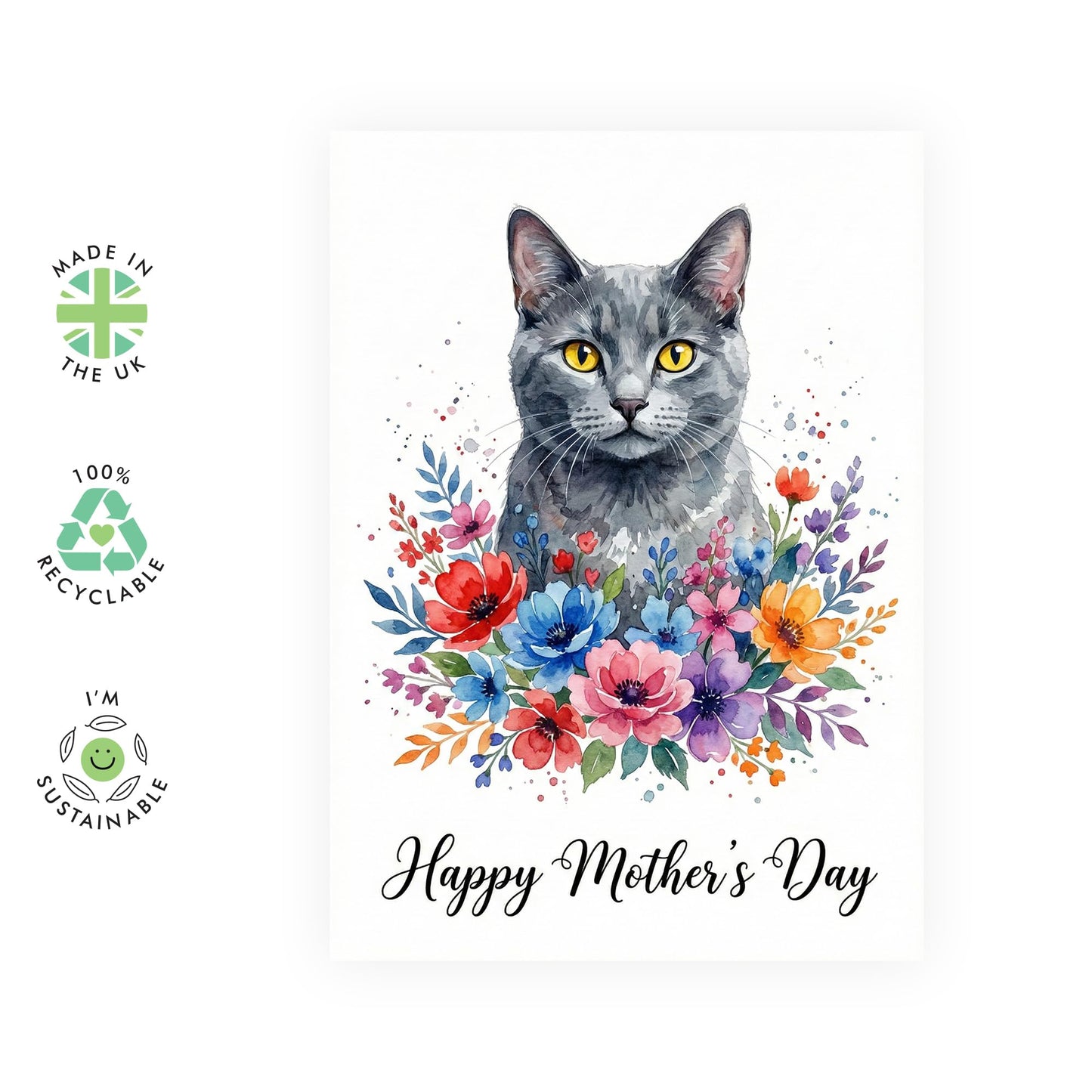 Funny Mother’s Day Card from the Cat - Cute Watercolor Grey Cat Floral Greeting Card for Cat Mum - Whimsical Birthday Card for Her - Made in UK - Includes Premium White Envelope