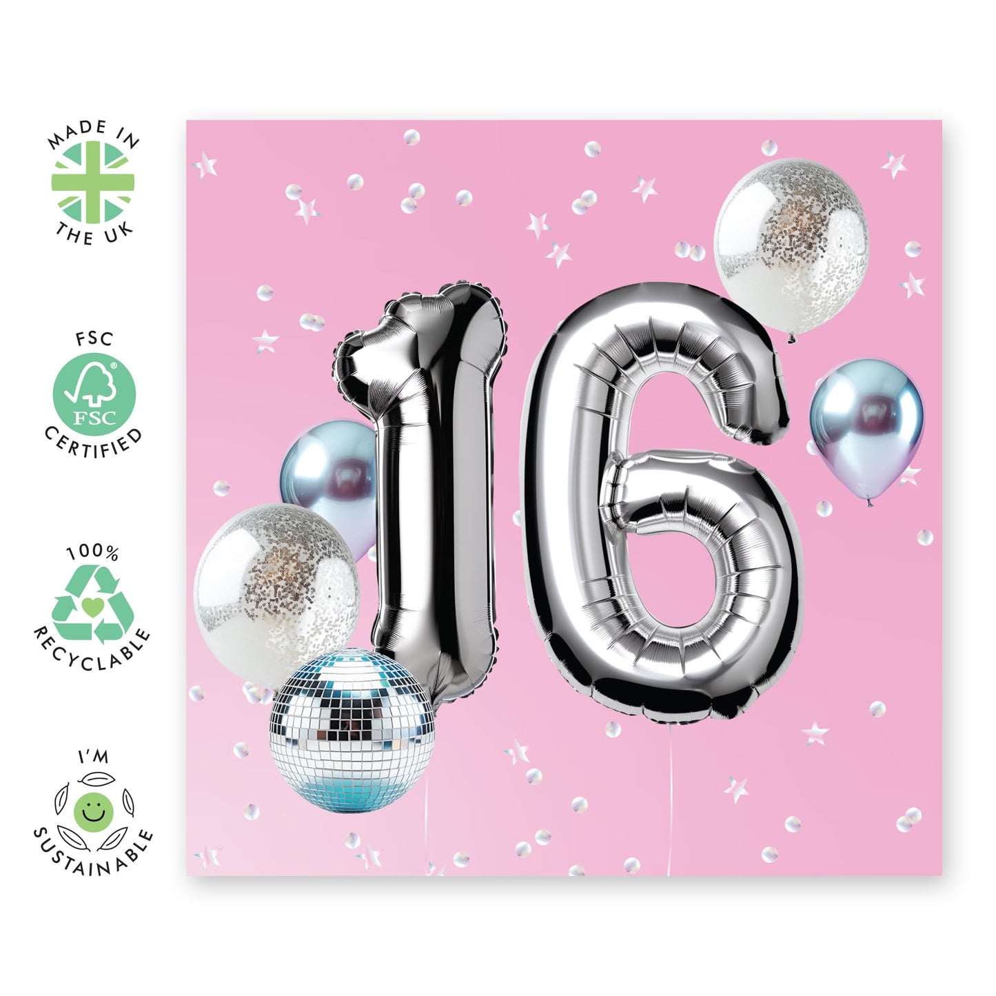 16th Birthday Cards For Kids - Foil Balloon 16 Birthday Party - Girl Birthday Card Sixteen Year Old - Happy Birthday Card For Daughter Granddaughter Niece - Comes With Fun Stickers By Central 23