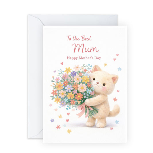 Cute Mother’s Day Card – Kitten With Flowers - Greetings for Cat Lovers Fur Mum Mama Mums Mummy Her Ladies Mother In Law from Daughter Son From Kids Husband Partner – Comes with Sweet Stickers