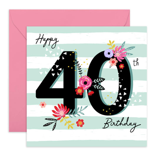 40th Birthday Card For Wife - Happy 40th Birthday Mint Stripe - Floral Birthday Card For Mum - Sister - Bday - Happy Fortieth Birthday Greeting Card Female Friends - Comes With Stickers By Central 23