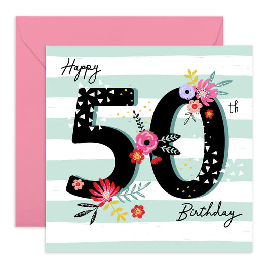 Birthday Card For Women Age 50 - 50th Birthday Floral Striped Background - Happy 50th Birthday Cards For Mum - Gift For Friends Aunt Auntie - From Son Daughter - Comes With Fun Stickers By Central 23