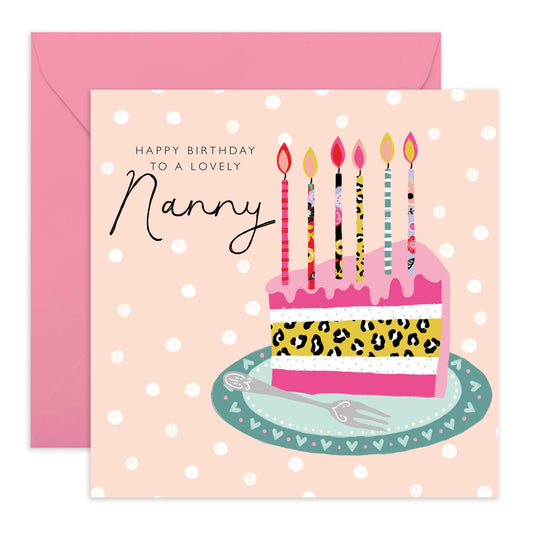 Nanny Birthday Cards - To A Lovely Nanny - Birthday Cake And Candles - Sweet Birthday Card For Grandmother Nana - Grandma Gifts For Her Women - Comes With Stickers - By Central 23